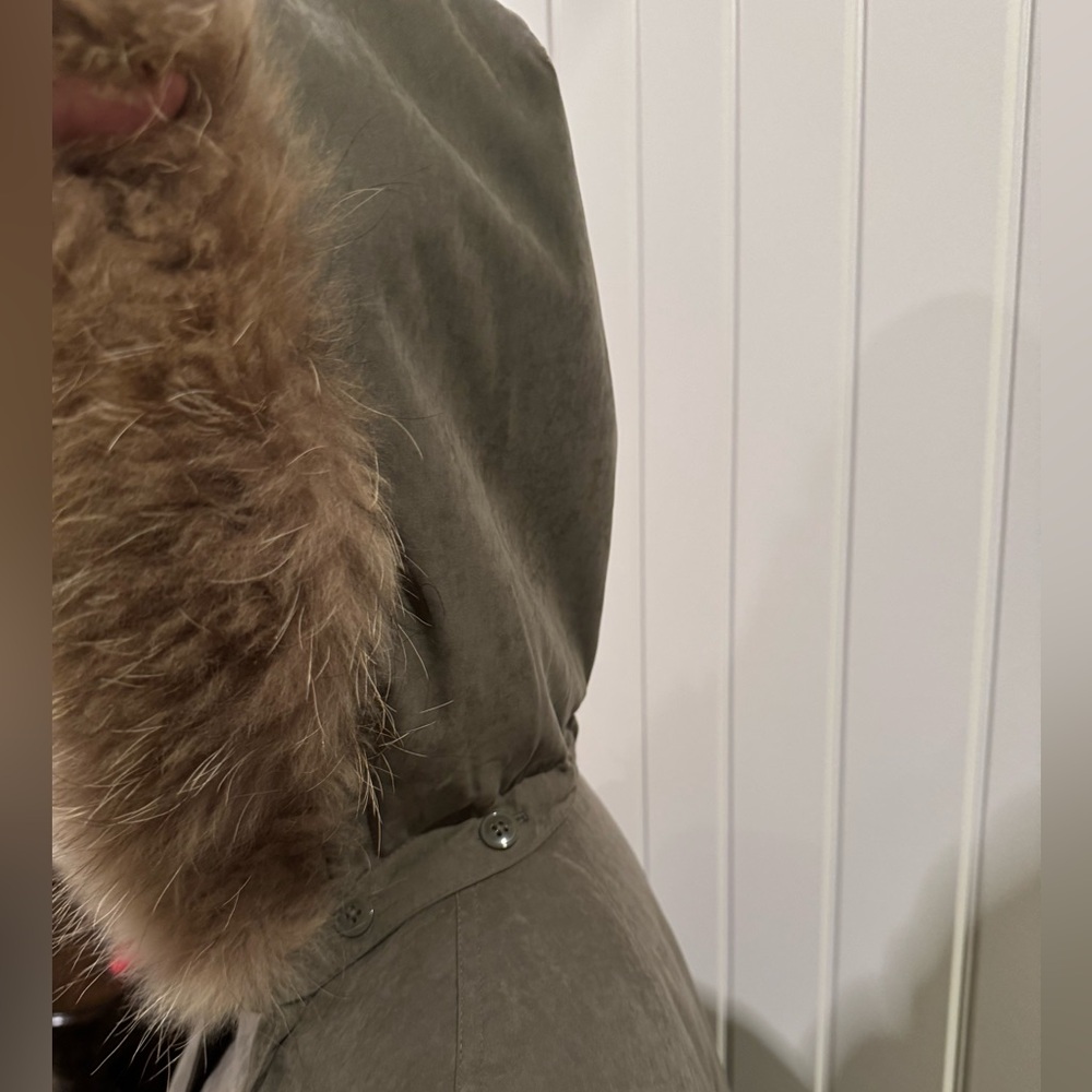 Fleet Street Long Taupe-Gray Hooded Coat with Faux-Fur Trim Size Small - Picture 6 of 10